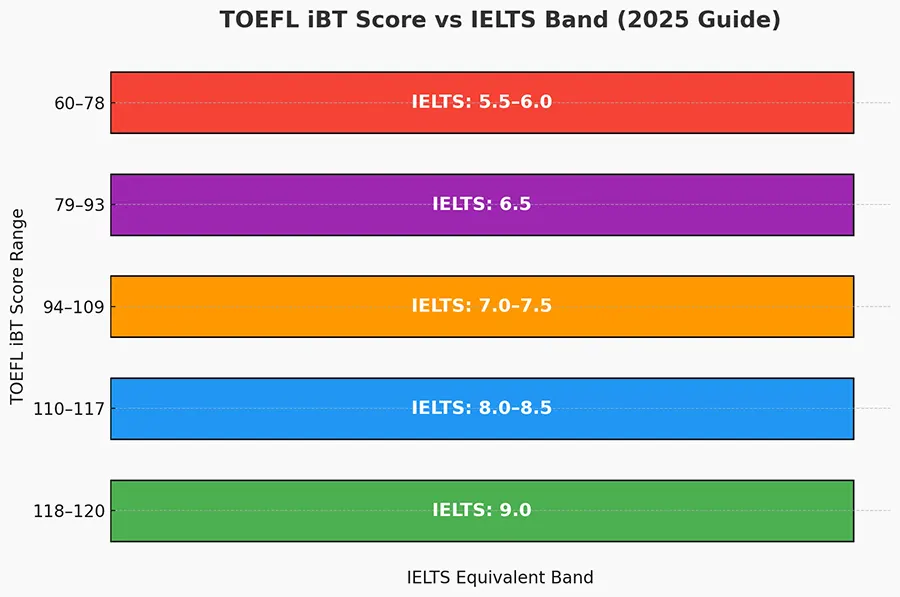 TOEFL iBT score vs IELTS band score 2025 comparison by svarna training institute