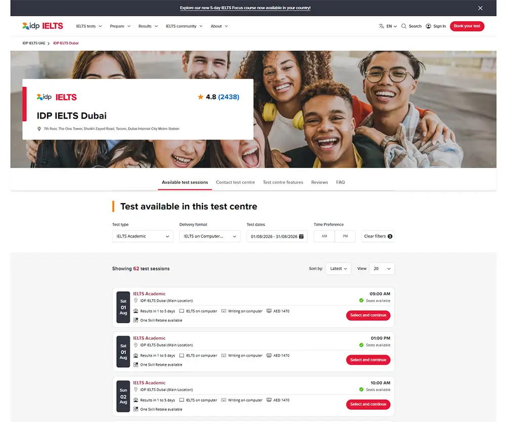 idp ielts exam dates availability